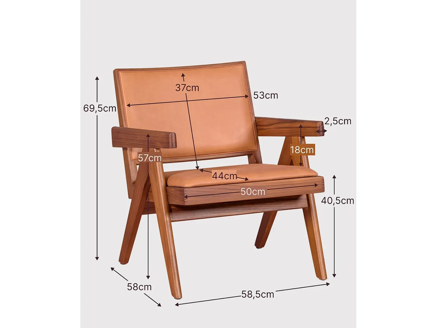 Poltrona*Nest Dream Poltrona vintage com braços em madeira teca e couro italiano - Compass - Conhaque Castanho