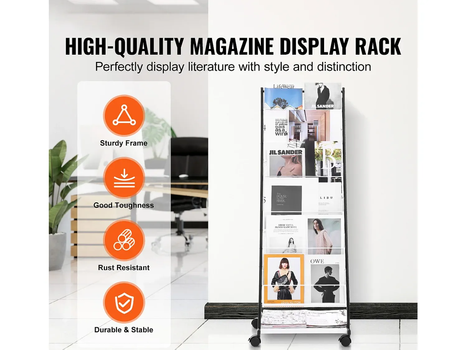 Discount Porta-Folhetos SucceBuy, de 6 Níveis, Expositor de Revistas com 4 Rodas para o Escritório Preto