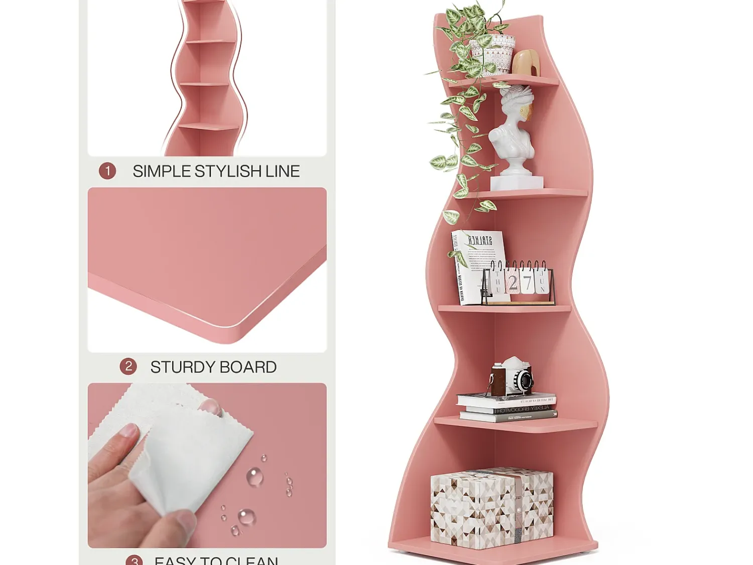 Online Tribesigns Prateleira de Cantinho Ondulada, Estante Moderna de 5 Andares com Forma Curva, Suporte para Plantas Exibidor Único Rosa