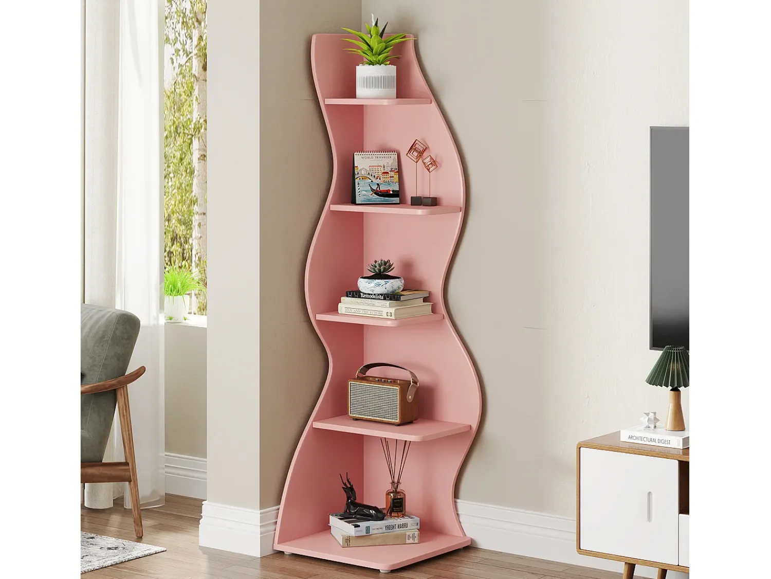 Online Tribesigns Prateleira de Cantinho Ondulada, Estante Moderna de 5 Andares com Forma Curva, Suporte para Plantas Exibidor Único Rosa