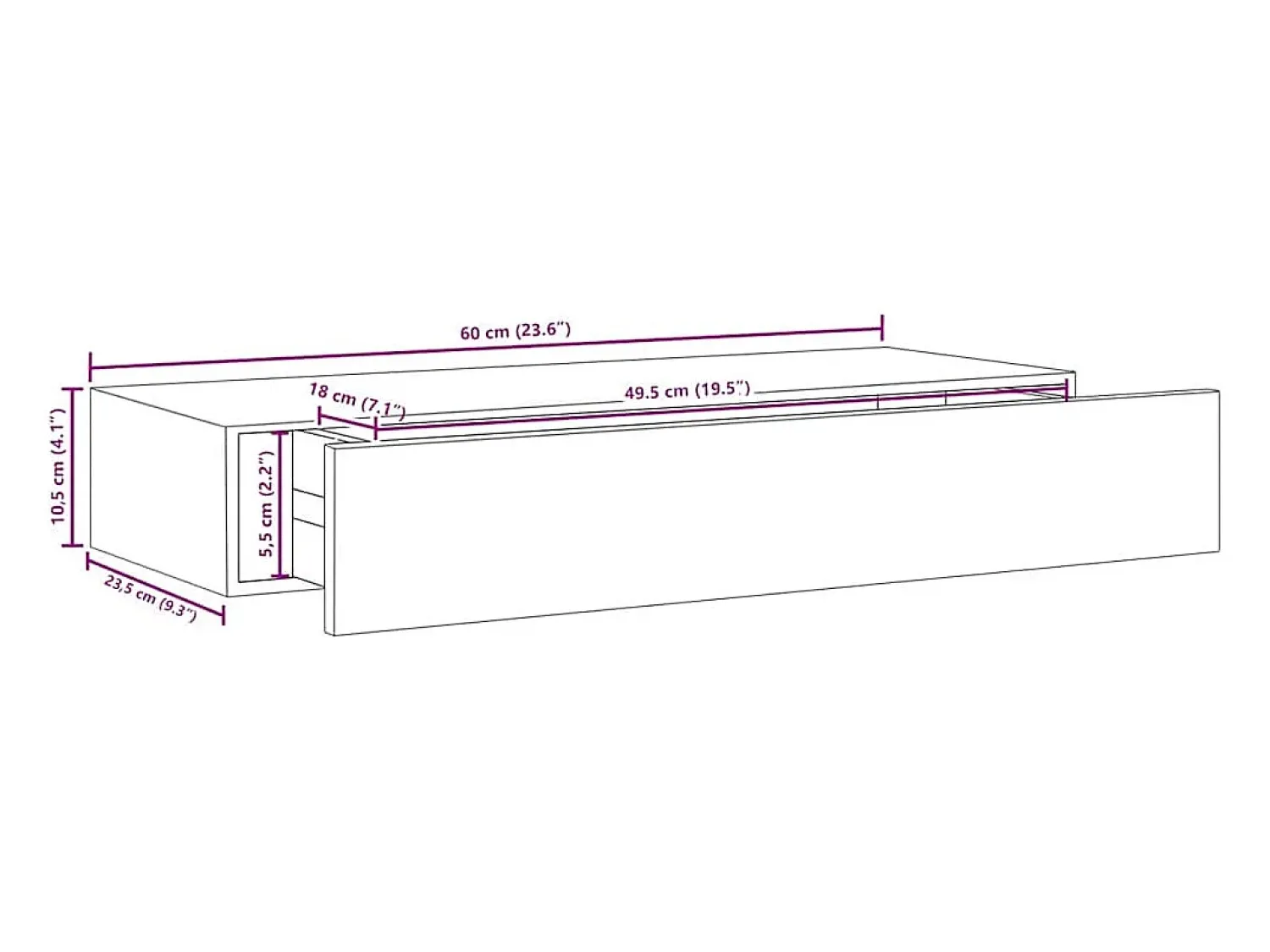 vidaxl Prateleira de parede com gaveta MDF 60x23,5x10 cm Preto