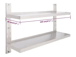 vidaxl Prateleira de parede suspensa 2 níveis 120x30 cm aço inoxidável^ Prateleira