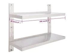 New vidaxl Prateleira de parede suspensa 2 níveis 100x30 cm aço inoxidável Cinzento
