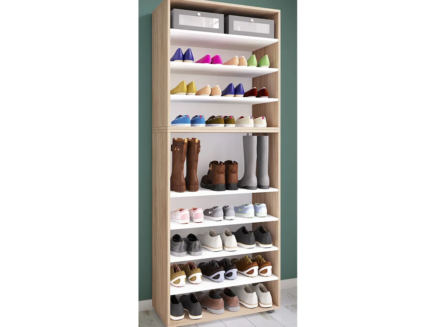 Clearance VCM Prateleira de sapato de madeira | Dimensões: A. 183 x L. 70 x P. 37 cm| Armário para uso integral | 9 compartimentos | sem portas | – Lona (Sonoma oak) Multicor