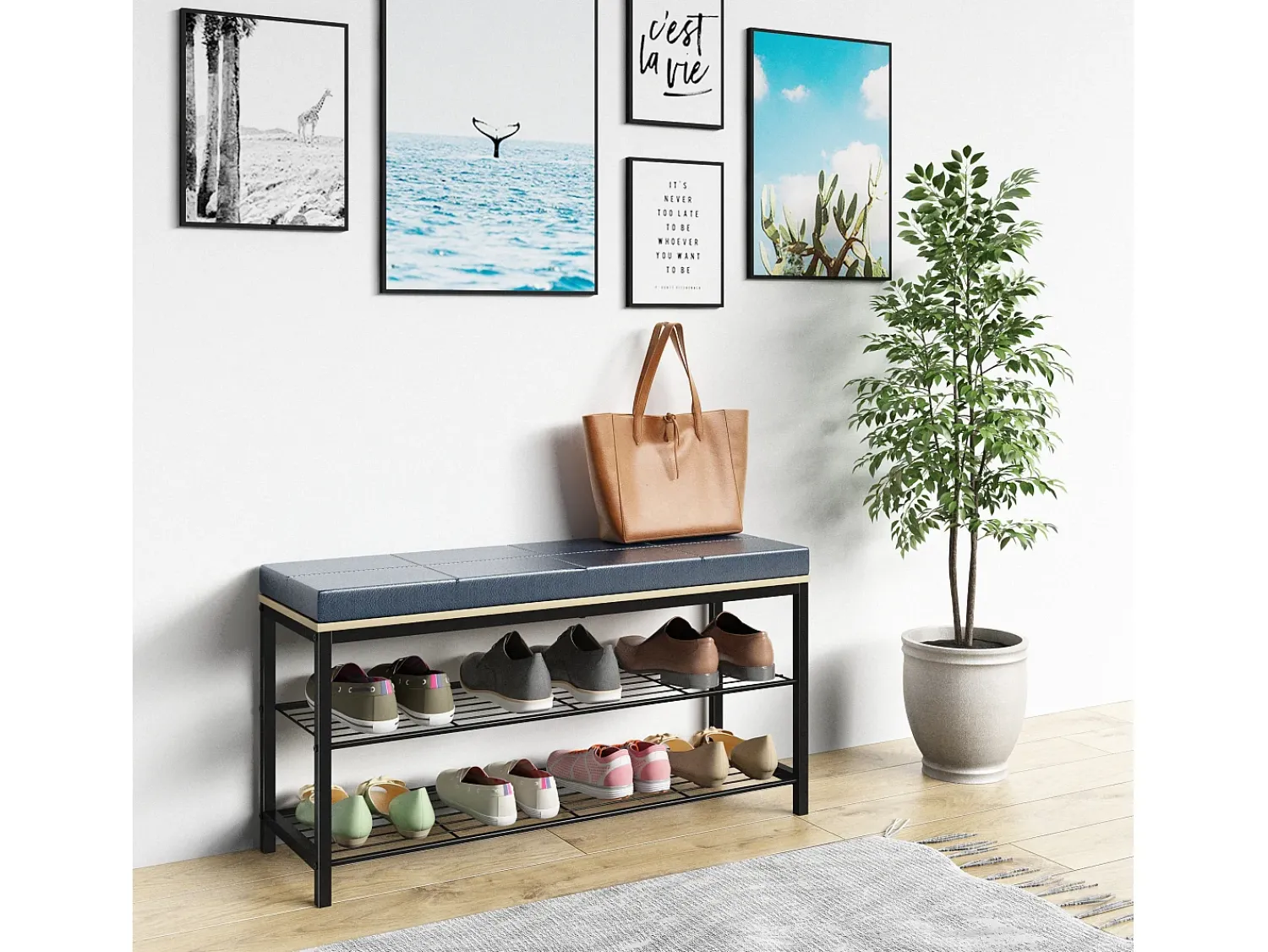 Móvel De Arrumação|Sapateira|VCM Prateleira de sapatos | Dimensões aprox. A. 48 x L. 90 x P. 30 cm | Assento em design de estilo industrial | Banco de sapatos - Taliro (carvalho mel) Multicor