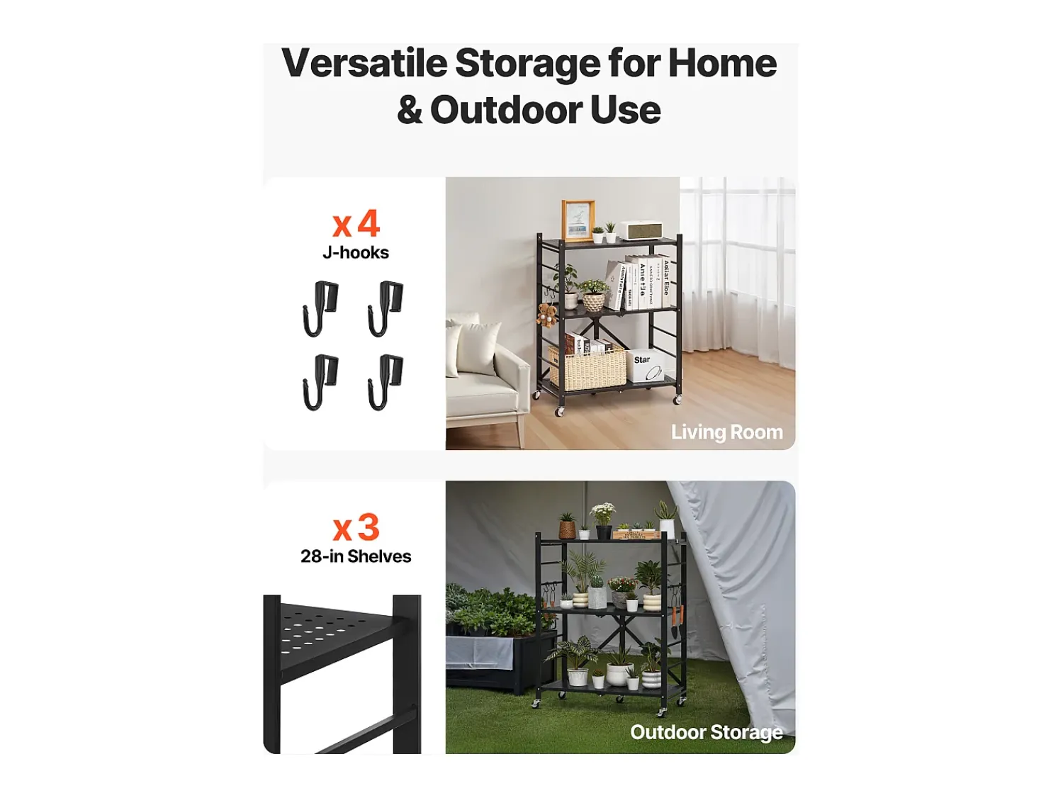 Prateleira* Prateleira Dobrável SucceBuy Estante Móvel Dobrável de 3 Pisos, 71 x 33 x 91 cm, Metal Resistente, com Rodízios e Ganchos, para Despensa, Cozinha, Garagem, Preto