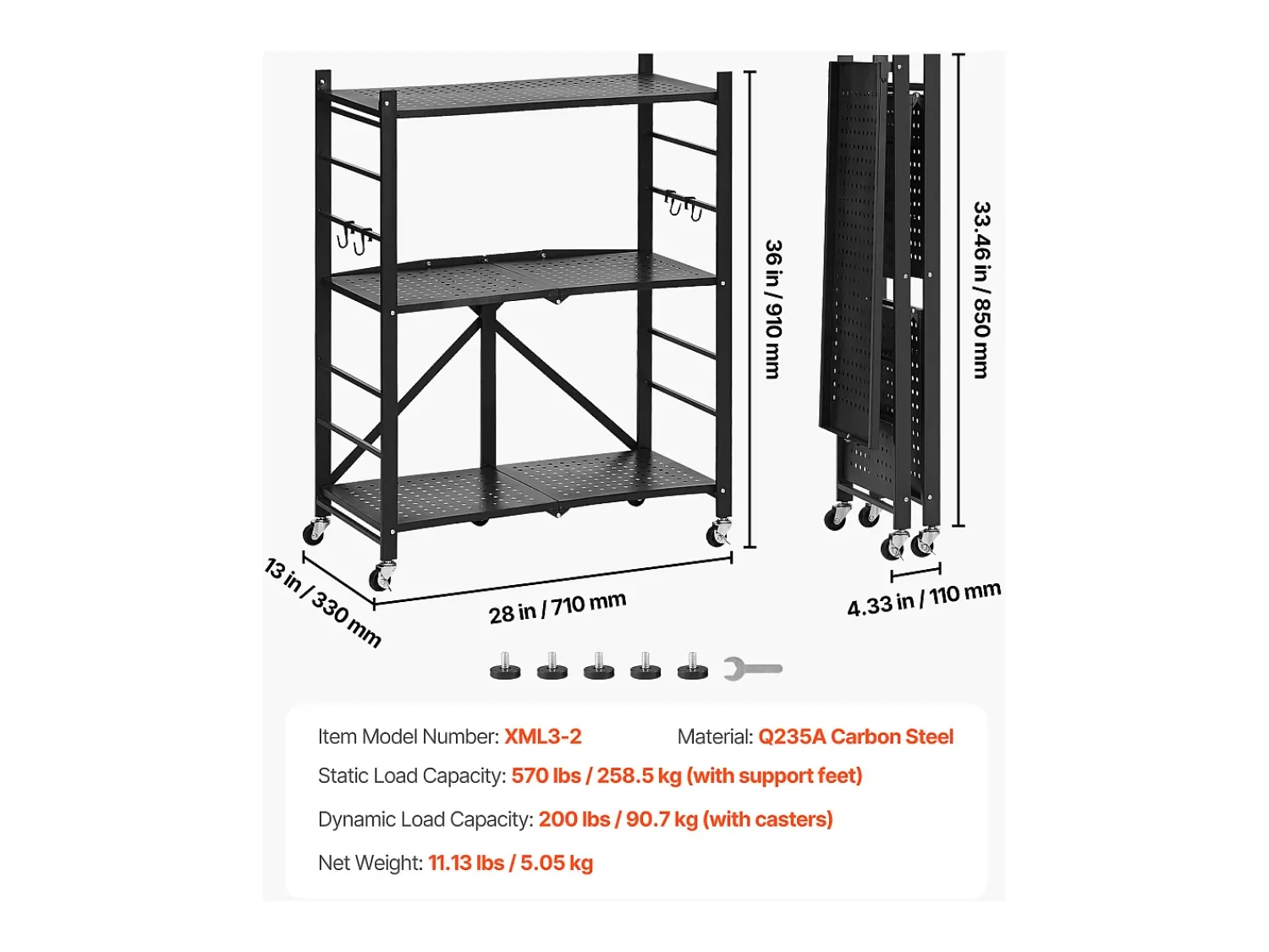 Prateleira* Prateleira Dobrável SucceBuy Estante Móvel Dobrável de 3 Pisos, 71 x 33 x 91 cm, Metal Resistente, com Rodízios e Ganchos, para Despensa, Cozinha, Garagem, Preto
