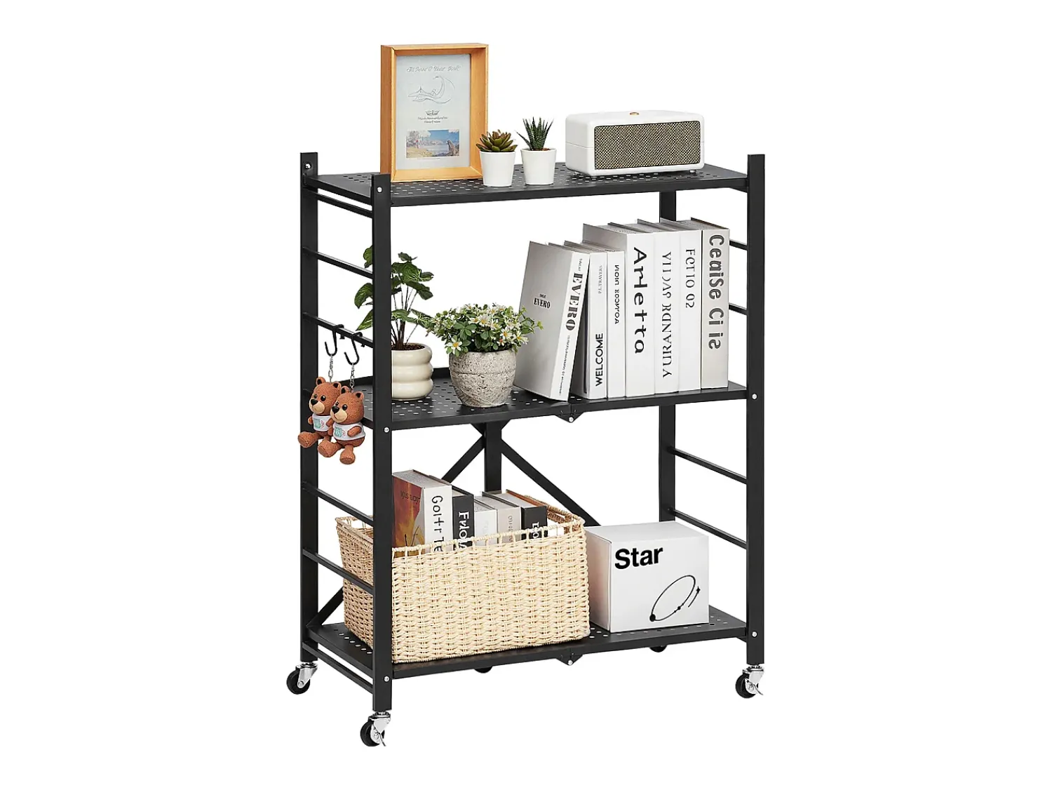 Prateleira* Prateleira Dobrável SucceBuy Estante Móvel Dobrável de 3 Pisos, 71 x 33 x 91 cm, Metal Resistente, com Rodízios e Ganchos, para Despensa, Cozinha, Garagem, Preto