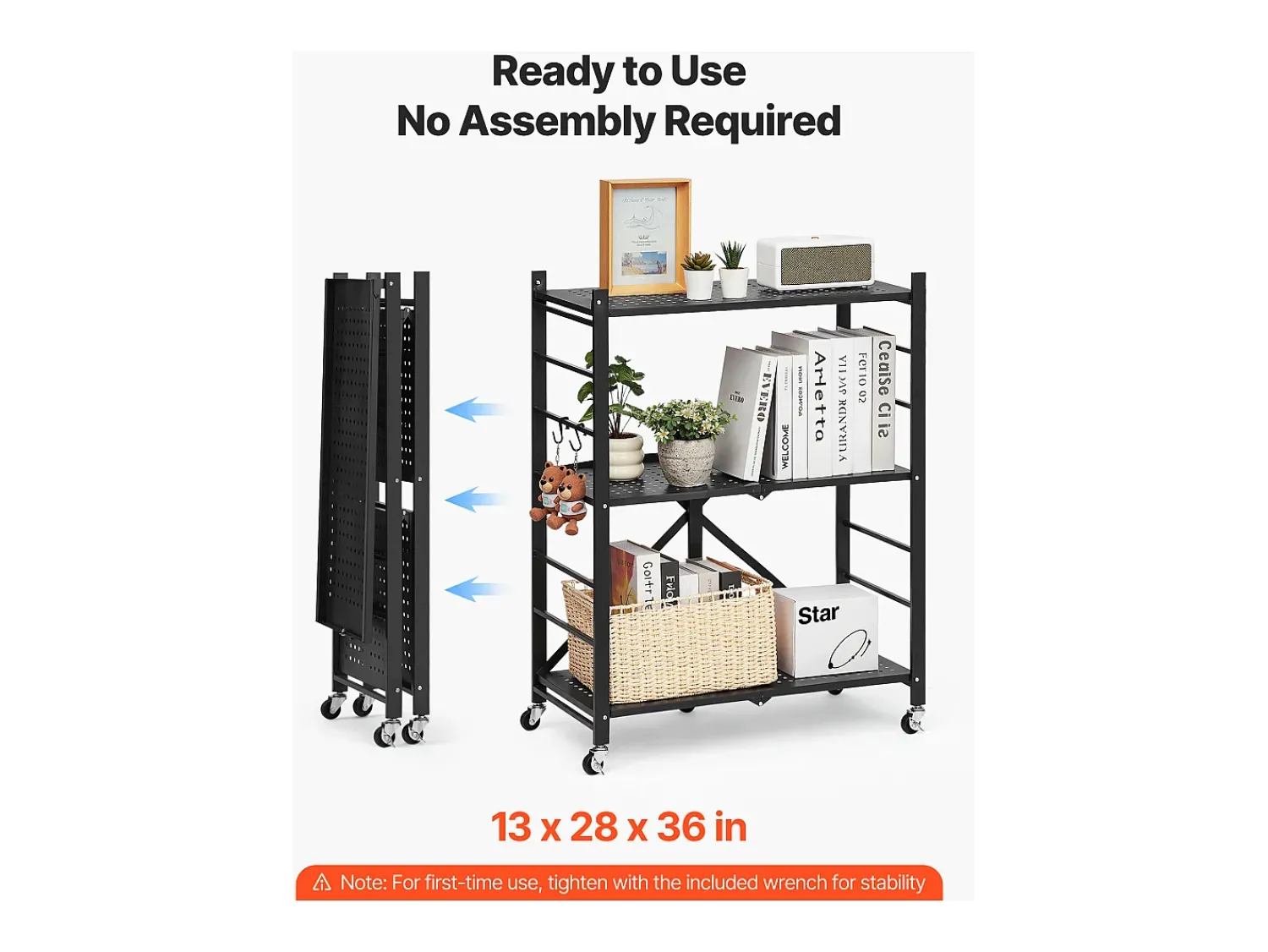 Prateleira* Prateleira Dobrável SucceBuy Estante Móvel Dobrável de 3 Pisos, 71 x 33 x 91 cm, Metal Resistente, com Rodízios e Ganchos, para Despensa, Cozinha, Garagem, Preto