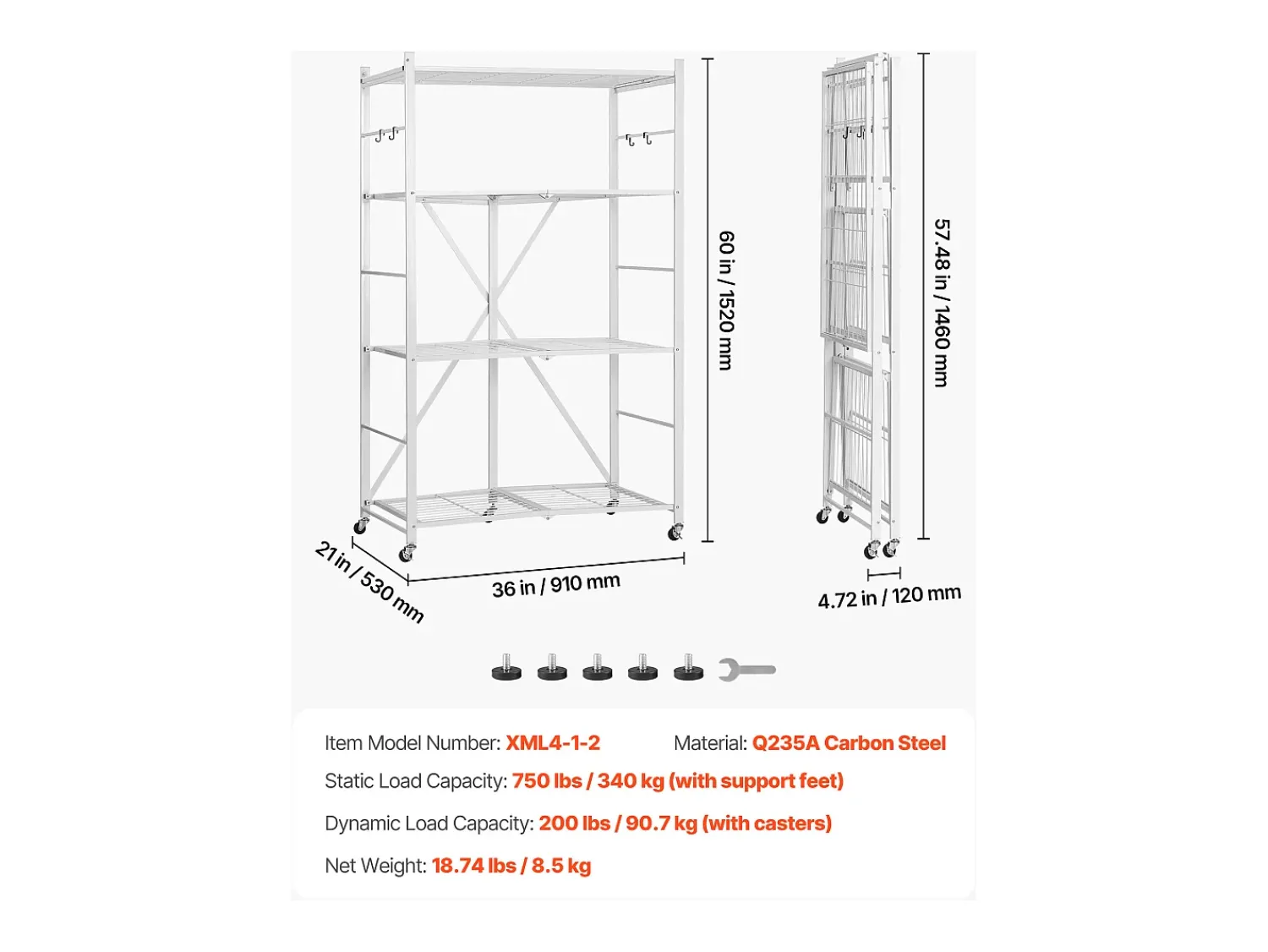 Discount Prateleira Dobrável SucceBuy Estante Móvel Dobrável de 4 Pisos, 91 x 53 x 152 cm, Estrutura em Metal Resistente, Capacidade Estática de 340 kg Branco