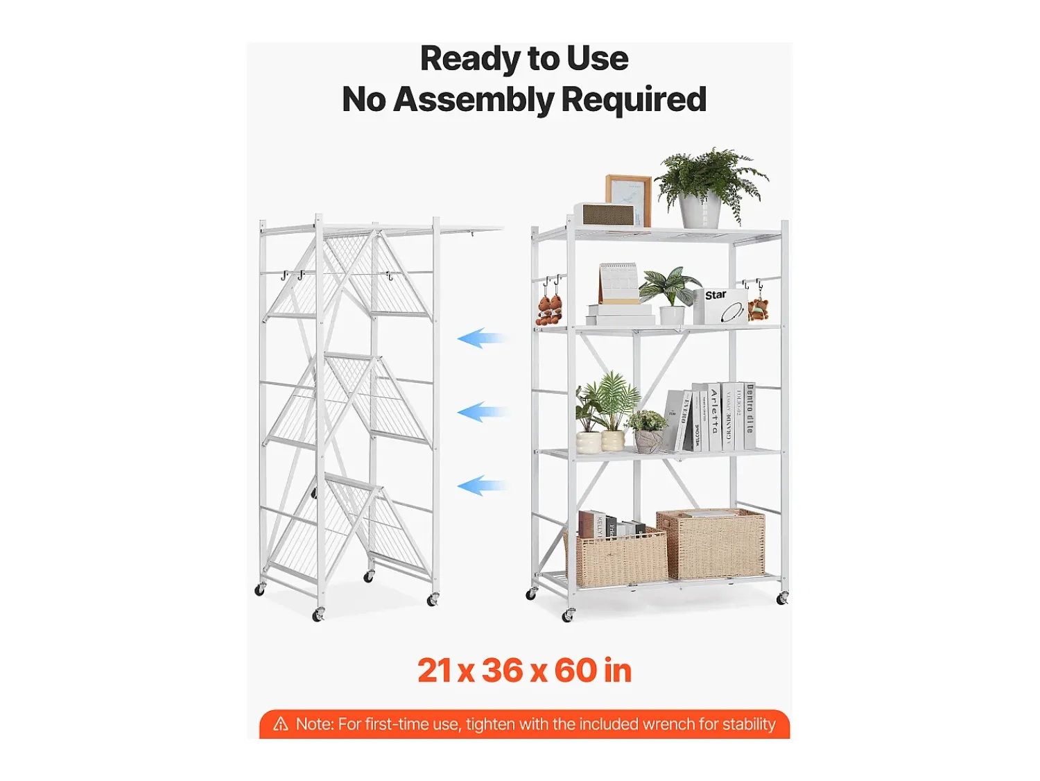 Discount Prateleira Dobrável SucceBuy Estante Móvel Dobrável de 4 Pisos, 91 x 53 x 152 cm, Estrutura em Metal Resistente, Capacidade Estática de 340 kg Branco