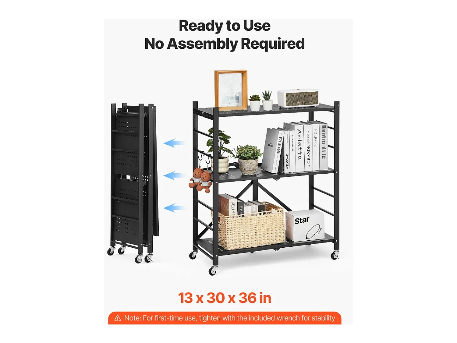 Prateleira Dobrável SucceBuy Estante Móvel Dobrável de 3 Pisos, 76 x 33 x 91 cm, Metal Resistente, com 5 Rodízios e 4 Ganchos, para Cozinha, Despensa,^ Prateleira
