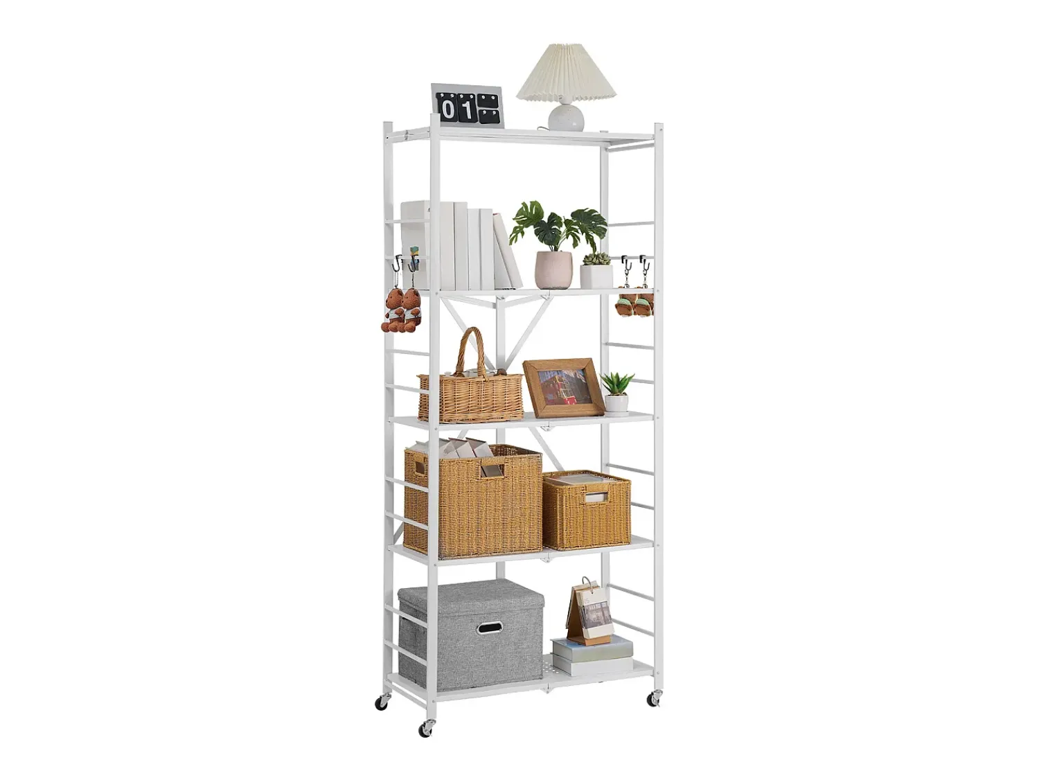 Prateleira| Prateleira Dobrável SucceBuy Móvel, 5 Níveis, Prateleira Dobrável com Rodas, 81x36x183 cm, Metal Resistente, Carga Estática 340 kg Dinâmica 90,7 kg Branco