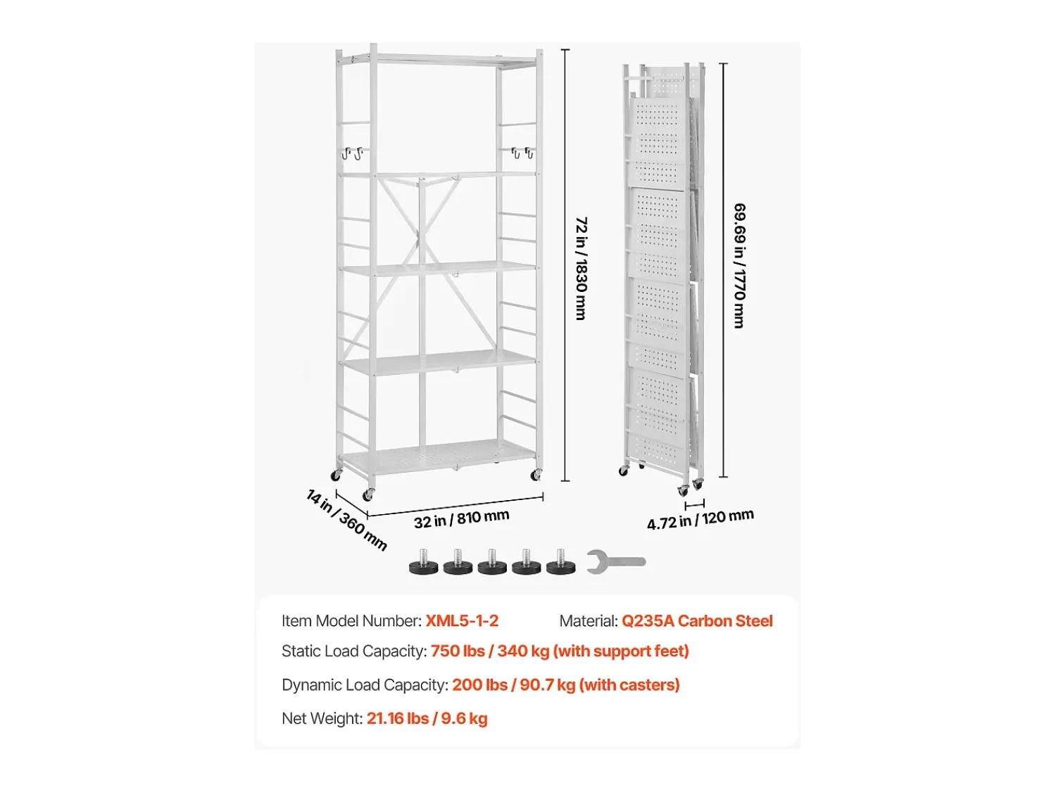 Prateleira| Prateleira Dobrável SucceBuy Móvel, 5 Níveis, Prateleira Dobrável com Rodas, 81x36x183 cm, Metal Resistente, Carga Estática 340 kg Dinâmica 90,7 kg Branco