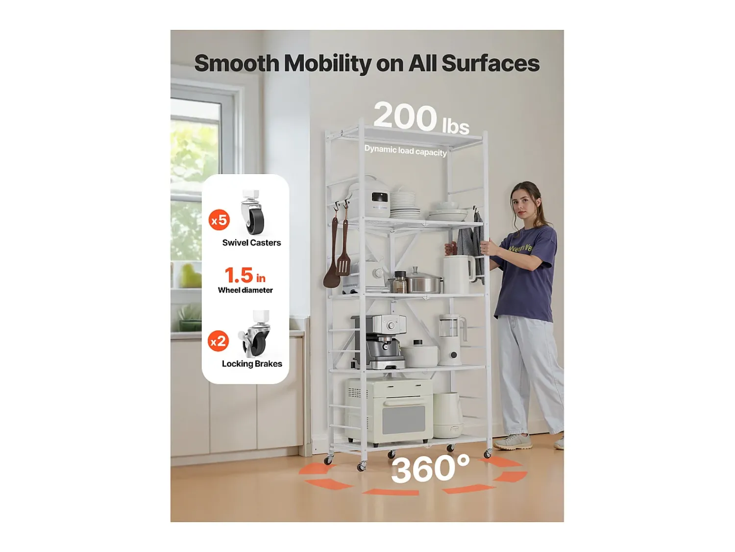 Prateleira| Prateleira Dobrável SucceBuy Móvel, 5 Níveis, Prateleira Dobrável com Rodas, 81x36x183 cm, Metal Resistente, Carga Estática 340 kg Dinâmica 90,7 kg Branco