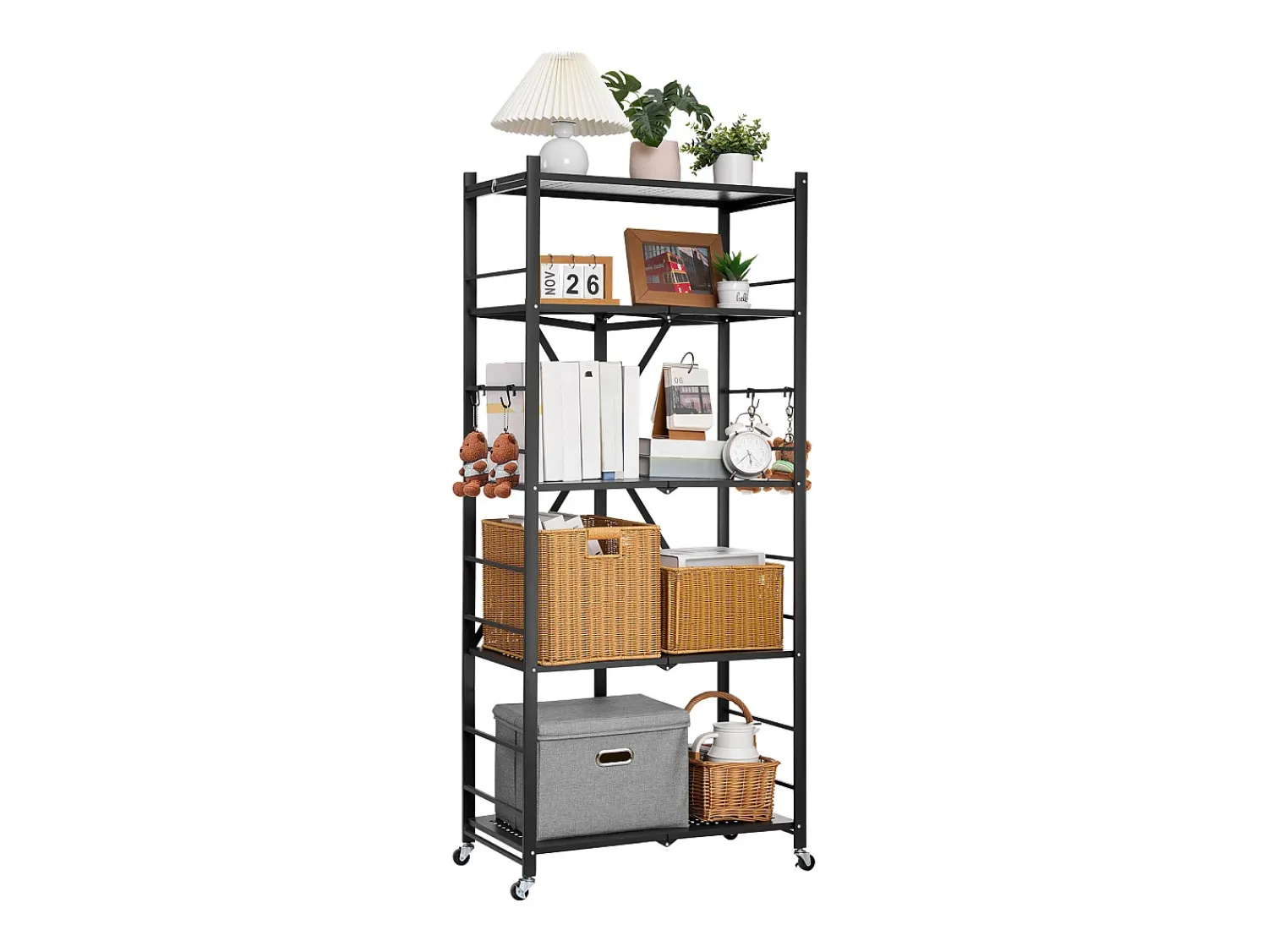 Prateleira Dobrável SucceBuy Móvel, 5 Níveis, Prateleira Dobrável com Rodas, 71x38x163 cm, Metal Resistente, Carga Estática 340 kg Dinâmica 90,7 kg^ Prateleira