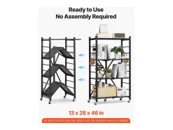 Prateleira| Prateleira Dobrável SucceBuy Estante Móvel Dobrável de 4 Pisos, 66 x 33 x 117 cm, Metal Resistente, com 5 Rodízios e 4 Ganchos, para Cozinha, Garagem, Preto