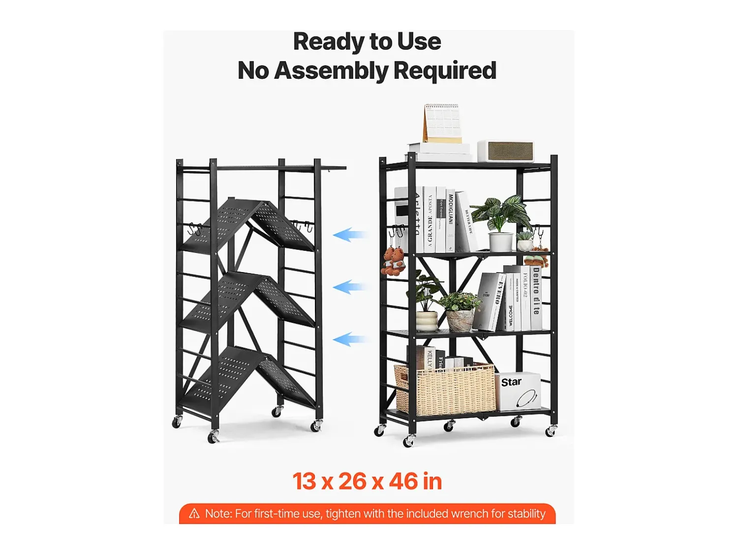 Prateleira| Prateleira Dobrável SucceBuy Estante Móvel Dobrável de 4 Pisos, 66 x 33 x 117 cm, Metal Resistente, com 5 Rodízios e 4 Ganchos, para Cozinha, Garagem, Preto