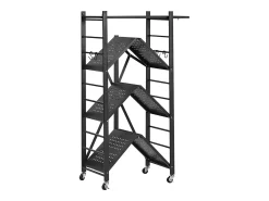 Prateleira| Prateleira Dobrável SucceBuy Estante Móvel Dobrável de 4 Pisos, 66 x 33 x 117 cm, Metal Resistente, com 5 Rodízios e 4 Ganchos, para Cozinha, Garagem, Preto