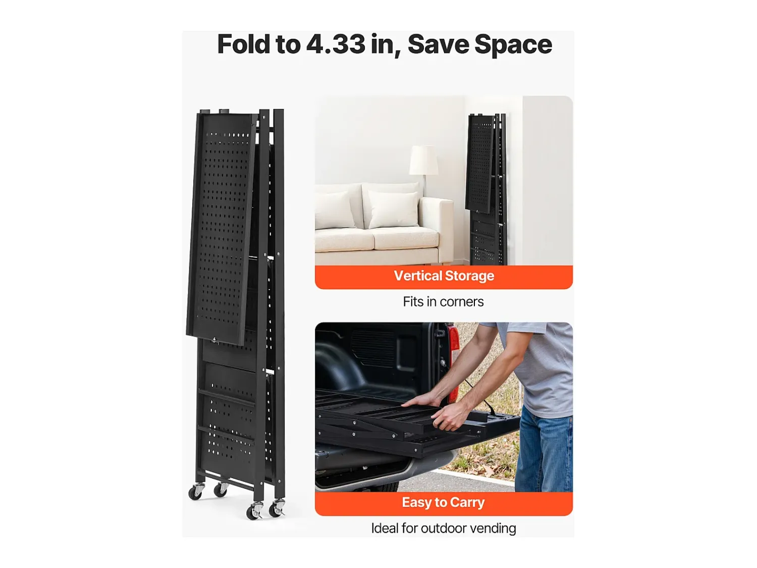 Prateleira| Prateleira Dobrável SucceBuy Estante Móvel Dobrável de 4 Pisos, 66 x 33 x 117 cm, Metal Resistente, com 5 Rodízios e 4 Ganchos, para Cozinha, Garagem, Preto