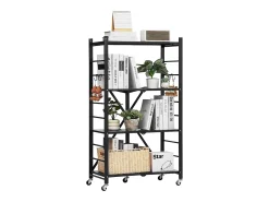Prateleira| Prateleira Dobrável SucceBuy Estante Móvel Dobrável de 4 Pisos, 66 x 33 x 117 cm, Metal Resistente, com 5 Rodízios e 4 Ganchos, para Cozinha, Garagem, Preto