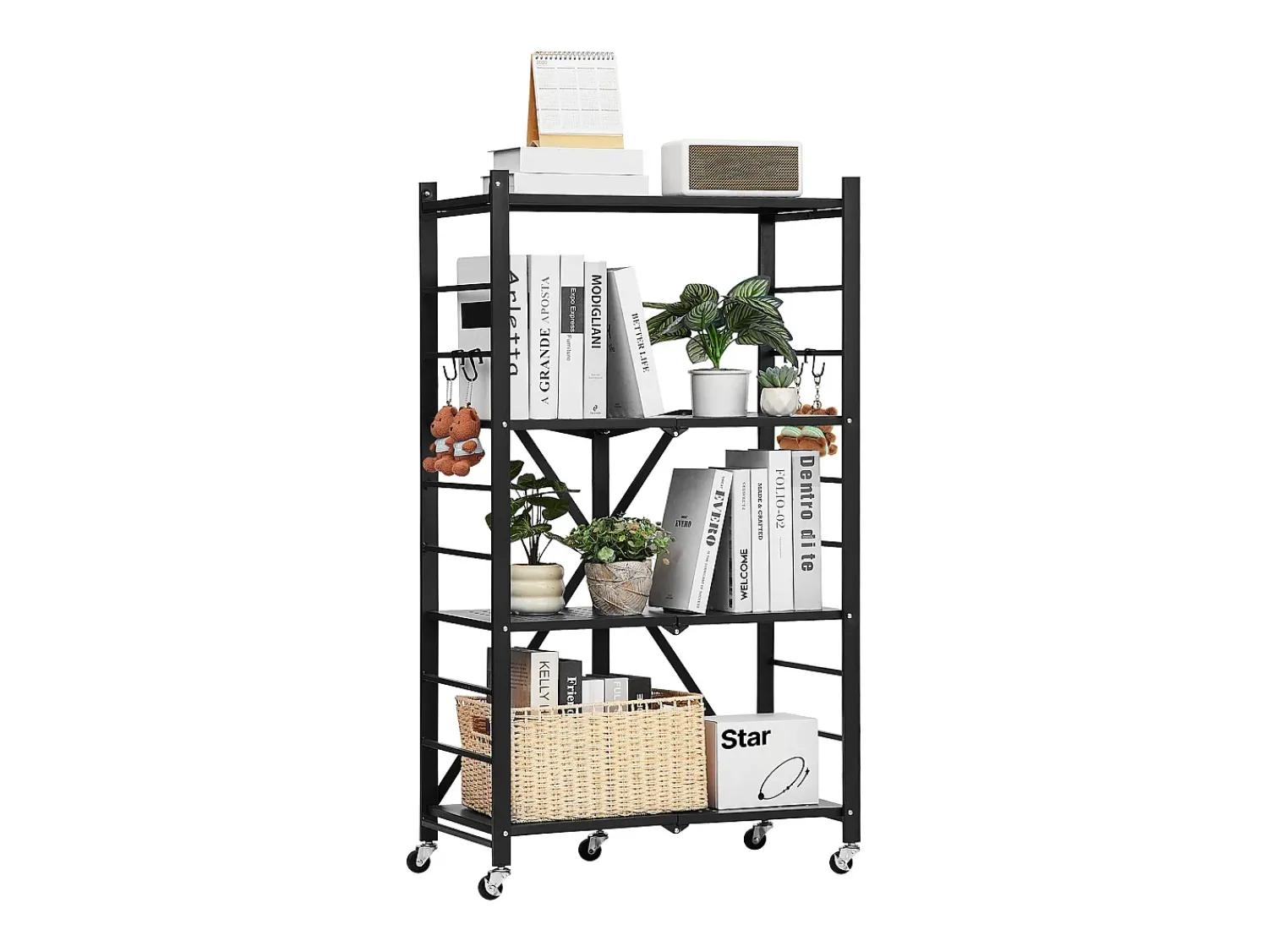 Prateleira| Prateleira Dobrável SucceBuy Estante Móvel Dobrável de 4 Pisos, 66 x 33 x 117 cm, Metal Resistente, com 5 Rodízios e 4 Ganchos, para Cozinha, Garagem, Preto