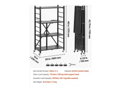 Prateleira| Prateleira Dobrável SucceBuy Estante Móvel Dobrável de 4 Pisos, 66 x 33 x 117 cm, Metal Resistente, com 5 Rodízios e 4 Ganchos, para Cozinha, Garagem, Preto