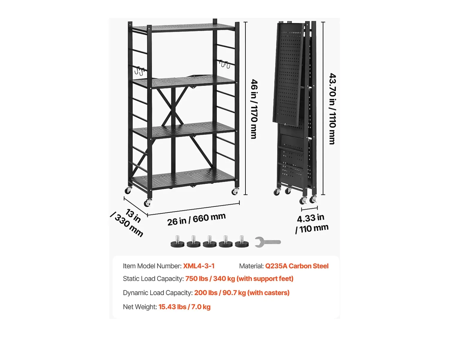 Prateleira| Prateleira Dobrável SucceBuy Estante Móvel Dobrável de 4 Pisos, 66 x 33 x 117 cm, Metal Resistente, com 5 Rodízios e 4 Ganchos, para Cozinha, Garagem, Preto