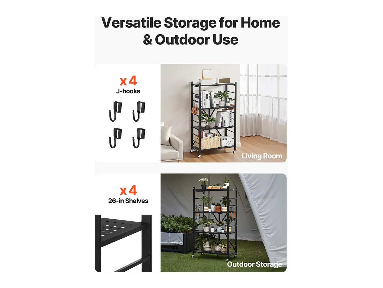 Prateleira| Prateleira Dobrável SucceBuy Estante Móvel Dobrável de 4 Pisos, 66 x 33 x 117 cm, Metal Resistente, com 5 Rodízios e 4 Ganchos, para Cozinha, Garagem, Preto
