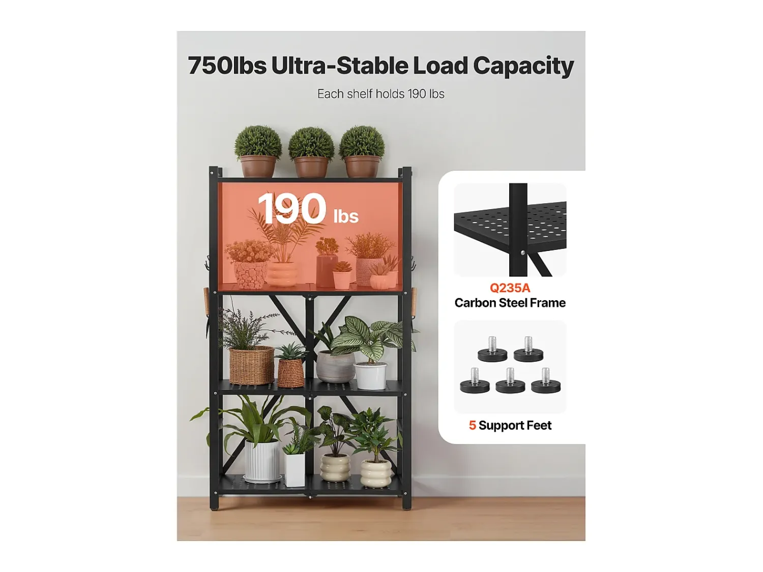 Prateleira| Prateleira Dobrável SucceBuy Estante Móvel Dobrável de 4 Pisos, 66 x 33 x 117 cm, Metal Resistente, com 5 Rodízios e 4 Ganchos, para Cozinha, Garagem, Preto