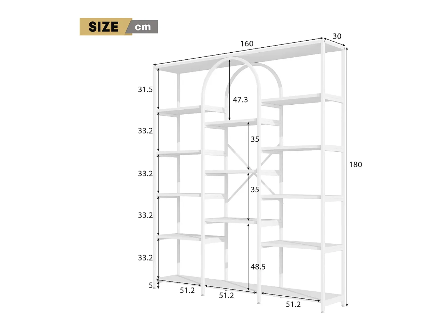 Prateleira*Hauss Spole Prateleira em aço e MDF de 160 x 30 x 180 cm - Design retangular e arqueado - Branca Branco