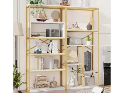 New ModernLuxe Prateleira moderna 160x29,5x180 cm - Prateleiras de vários níveis - Estrutura de tubos de aço e MDF - Forma retangular - e branco Dourado