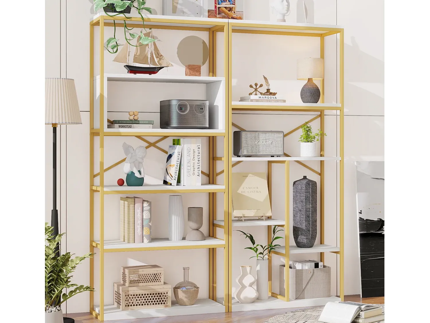 New ModernLuxe Prateleira moderna 160x29,5x180 cm - Prateleiras de vários níveis - Estrutura de tubos de aço e MDF - Forma retangular - e branco Dourado