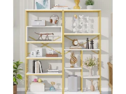 New ModernLuxe Prateleira moderna 160x29,5x180 cm - Prateleiras de vários níveis - Estrutura de tubos de aço e MDF - Forma retangular - e branco Dourado