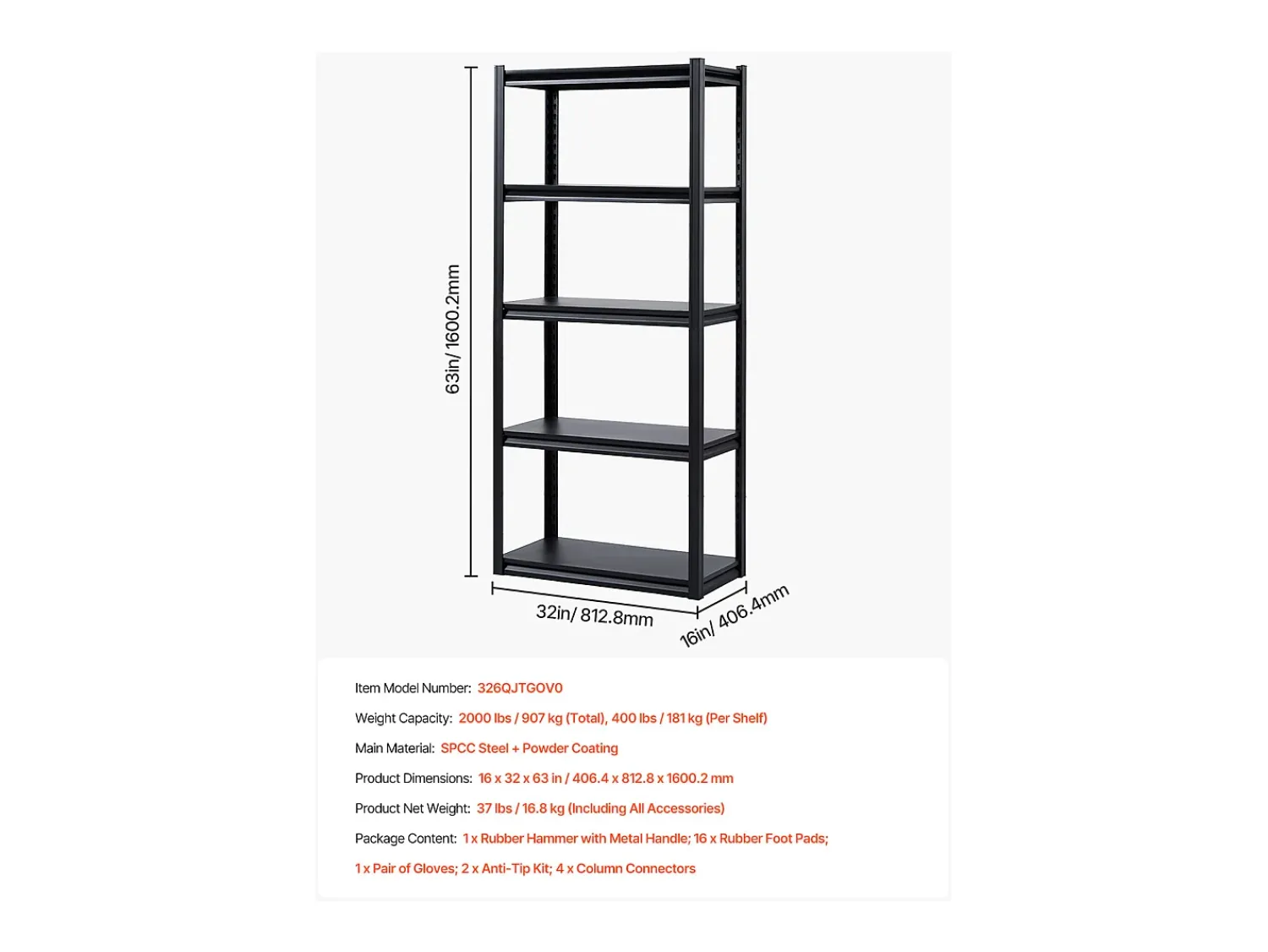 Prateleira* Prateleiras de Garagem em Metal SucceBuy Estantes de Garagem com 5 Níveis de 41 cm de Profundidade x 81 cm de Largura x 160 cm de Altura Preto