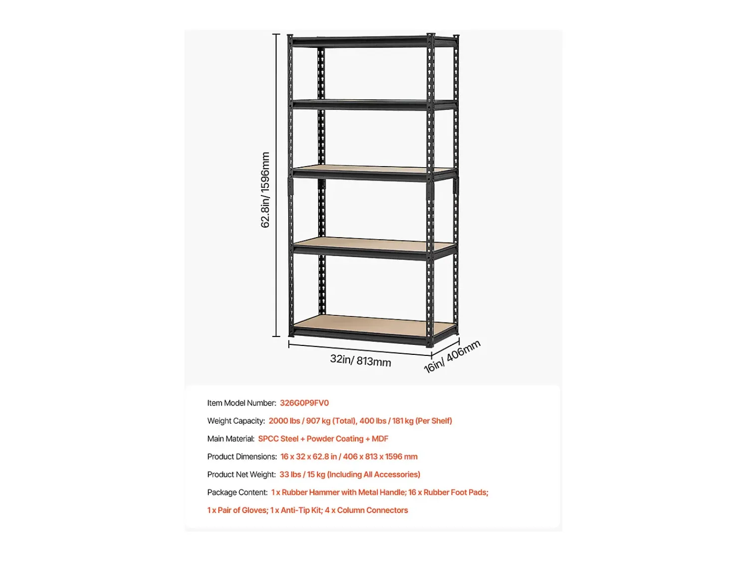 Prateleiras de Garagem em Metal SucceBuy Estantes de Arrumação - Estante de Garagem com 5 Níveis, 41 cm de Profundidade x 81 cm de Largura x 160 cm de Altura^ Prateleira