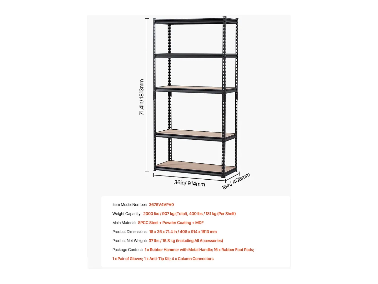 Prateleira| Prateleiras de Garagem em Metal SucceBuy Estantes de Arrumação - Estante de Garagem com 5 Níveis, 41 cm de Profundidade x 91 cm de Largura x 181 cm de Altura Preto