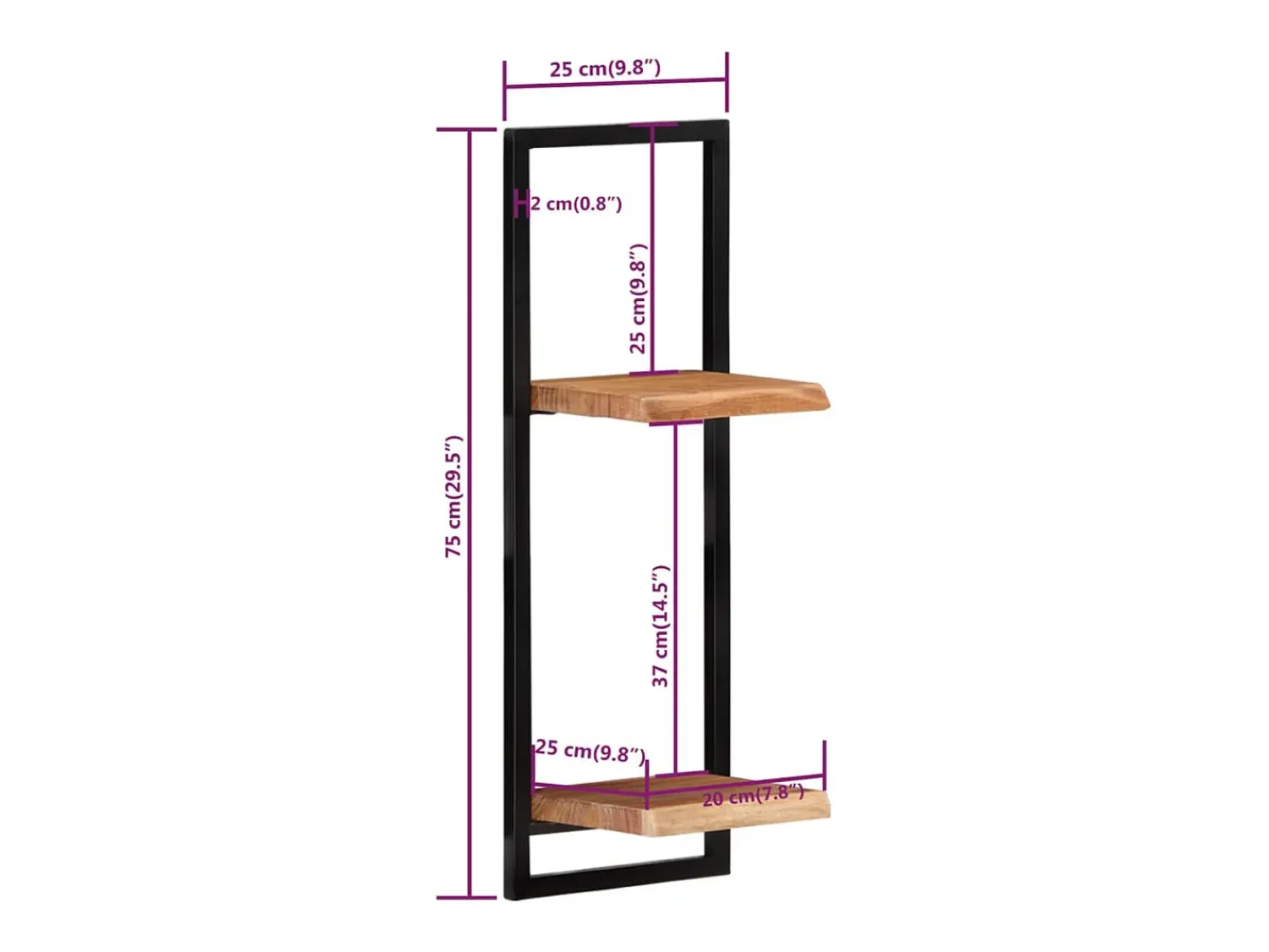 vidaxl Prateleiras de parede 2 pcs 25x25x75 cm acácia maciça e aço^ Prateleira