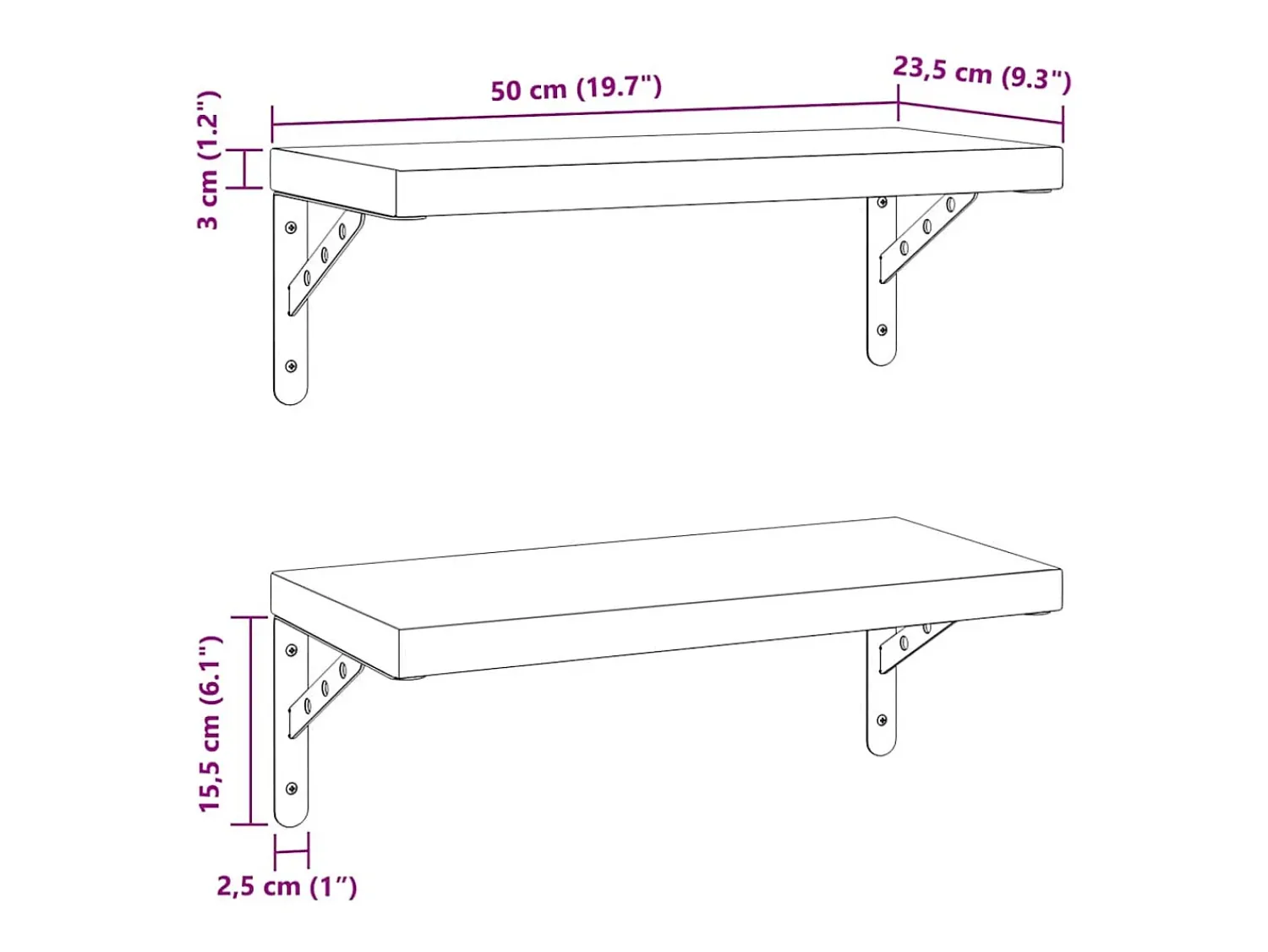 Prateleira*vidaxl Prateleiras de parede 2 pcs 50x23,5 cm aço inoxidável prateado Preto