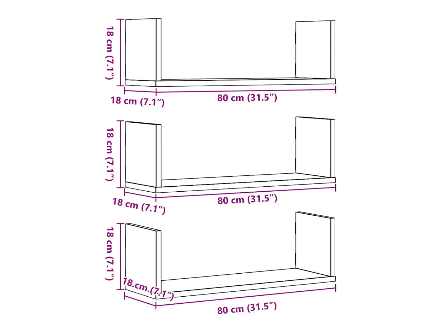 vidaxl Prateleiras de parede 3 pcs 80x18x18cm derivados madeira^ Prateleira