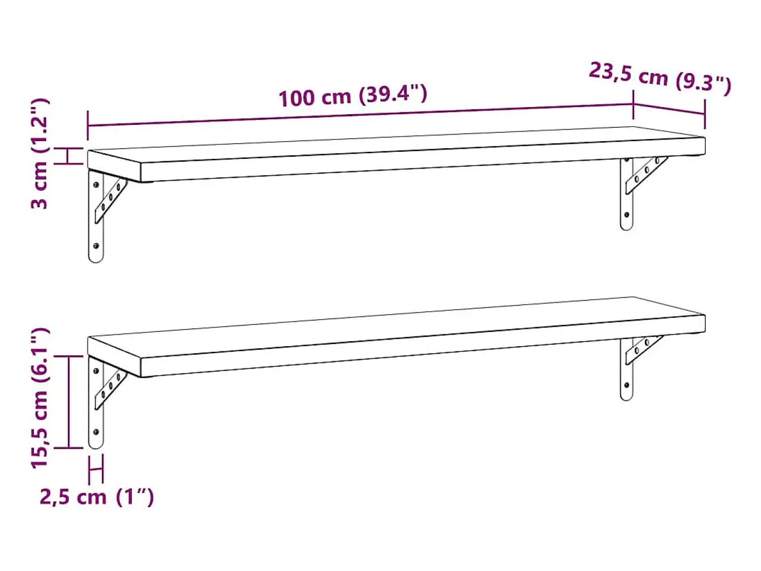 vidaxl Prateleiras de parede 2pcs 100x23,5 cm aço inoxidável^ Prateleira