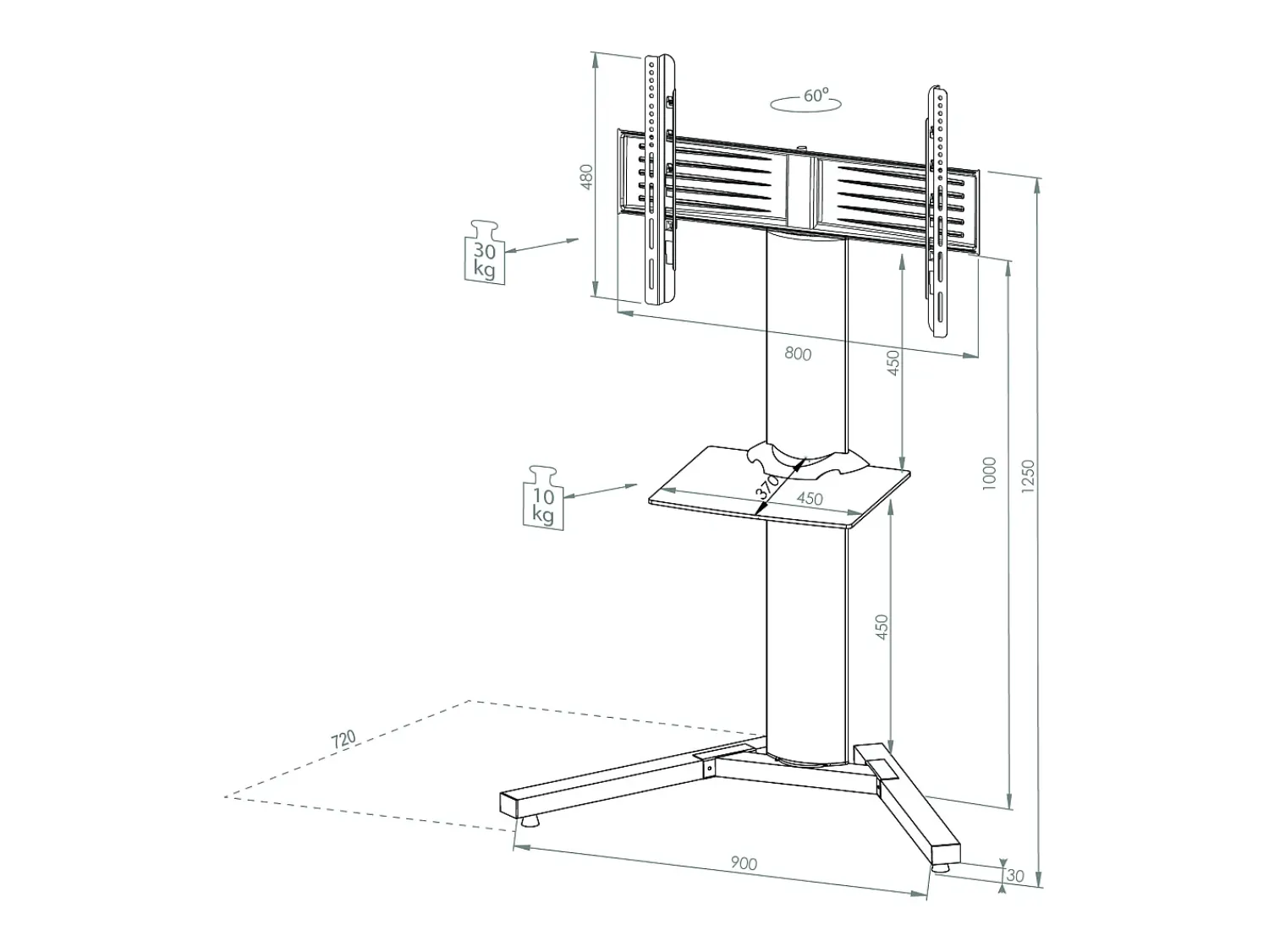 VCM Pés de suporte de TV Stadino Prata A. 125 x L. 90 x P. 72 cm^ Móvel De Tv