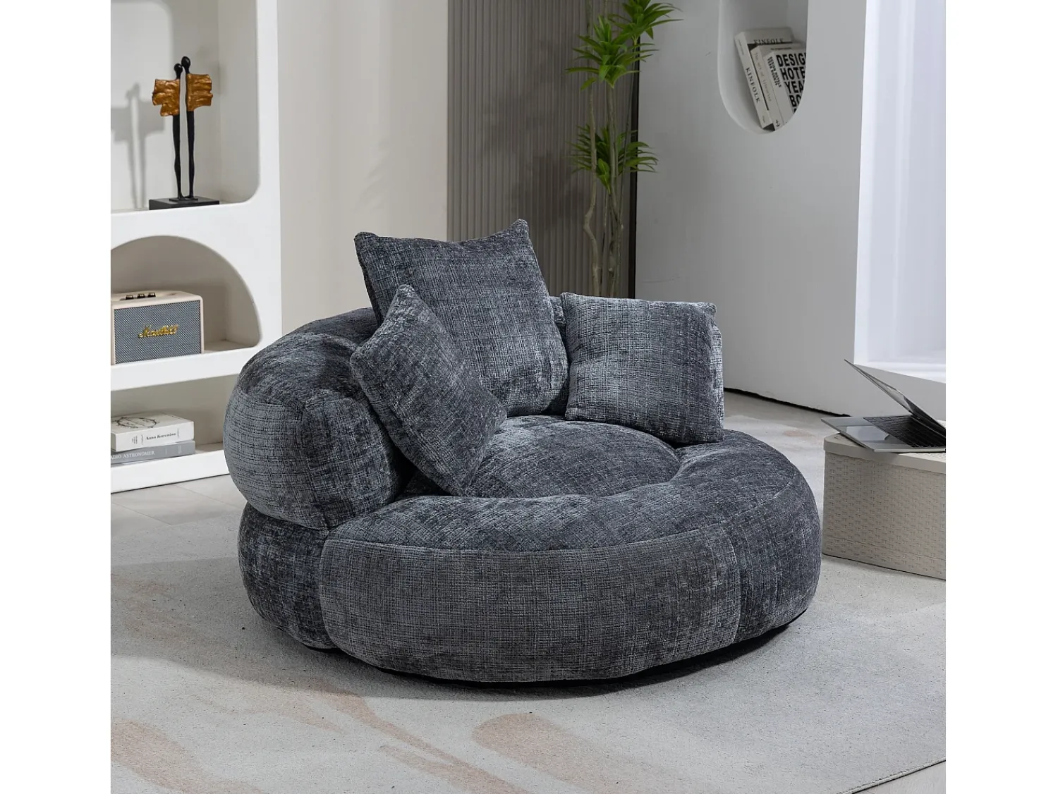 Poltrona*Hauss Spole Puff com 3 almofadas - Para adultos e crianças - Chenille , não necessita de montagem Cinzento