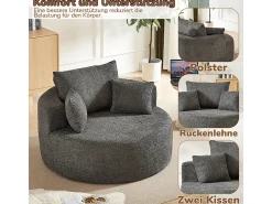 DripeX Puff Redondo de Chenille, Espuma Alta Densidade, com 3 Almofadas, Cinza, 127x127x85cm^ Poltrona