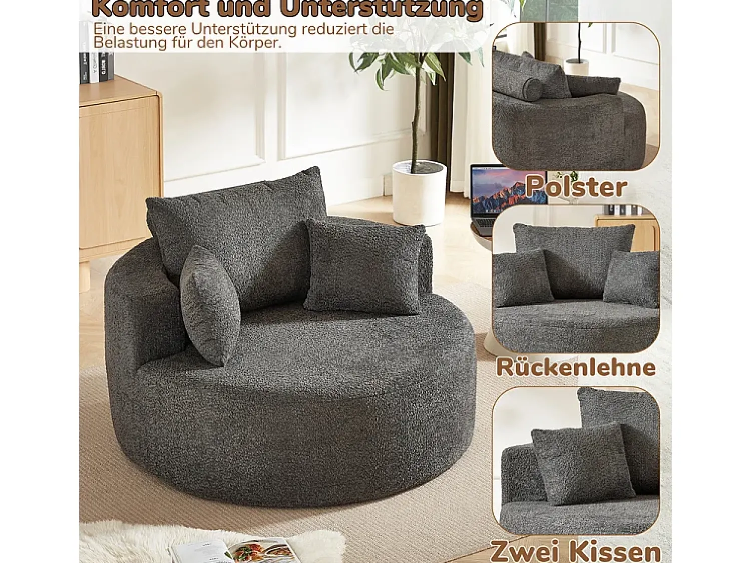 DripeX Puff Redondo de Chenille, Espuma Alta Densidade, com 3 Almofadas, Cinza, 127x127x85cm^ Poltrona