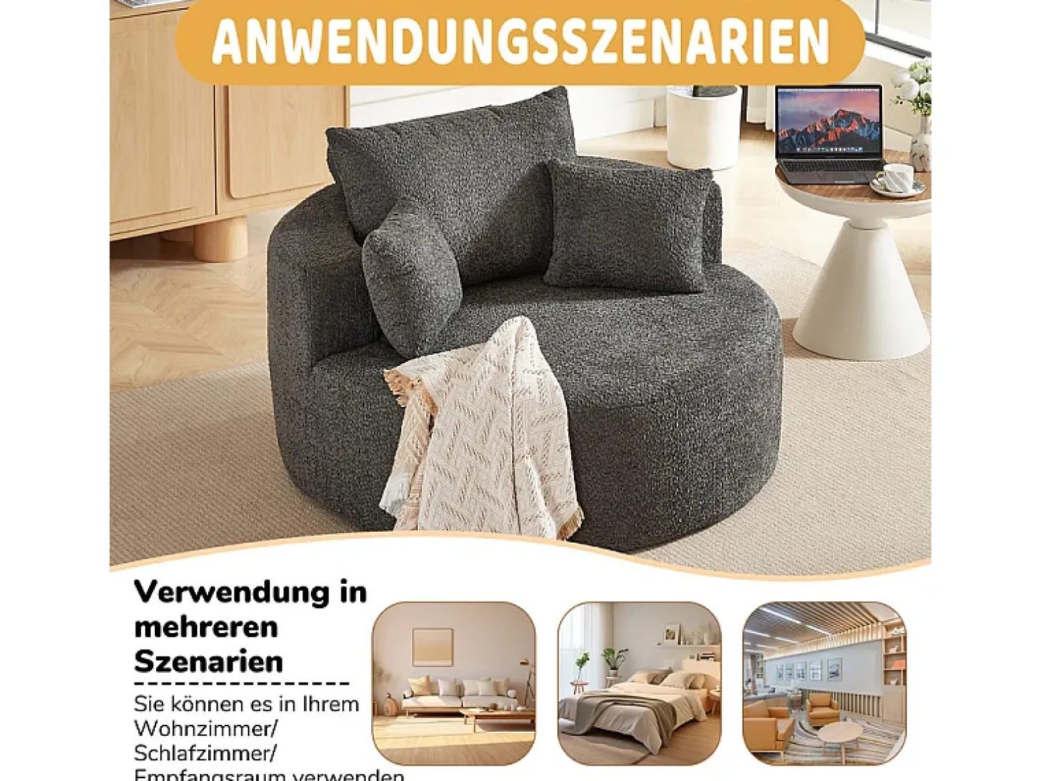 DripeX Puff Redondo de Chenille, Espuma Alta Densidade, com 3 Almofadas, Cinza, 127x127x85cm^ Poltrona