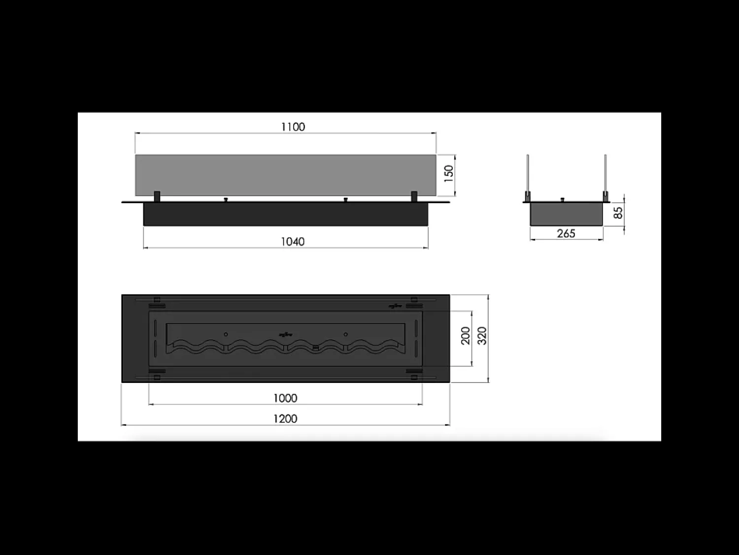Lareira| Queimador de bioetanol 120cm em aço inoxidável , embutido ou independente, 4 litros com copos incluídos Preto