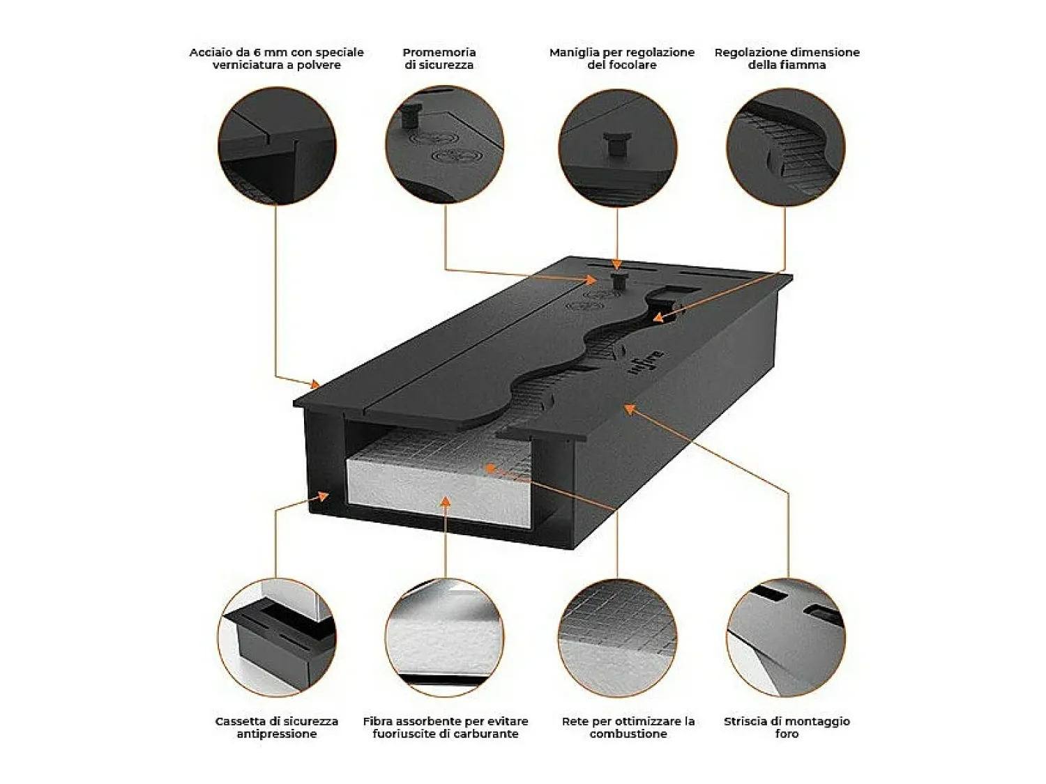 Lareira| Queimador de bioetanol embutido de 80 cm em aço inoxidável, 3 lt Preto