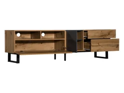 Móvel De Tv| Rack para TV baixo em estilo industrial retrô, 180 cm, com 2 portas e 2 gavetas, e madeira. Preto