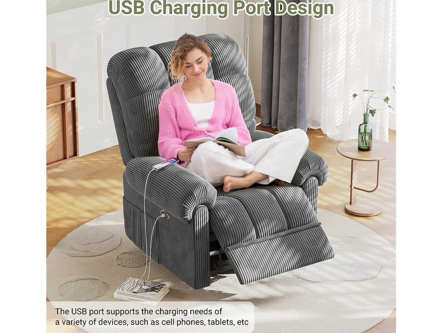 Poltrona|DripeX Relaxe a cadeira de veludo elétrica da poltrona, com USB, encosto ajustável, anti -estático com apoio para os pés - 96x97x104cm cinza cinza Cinzento